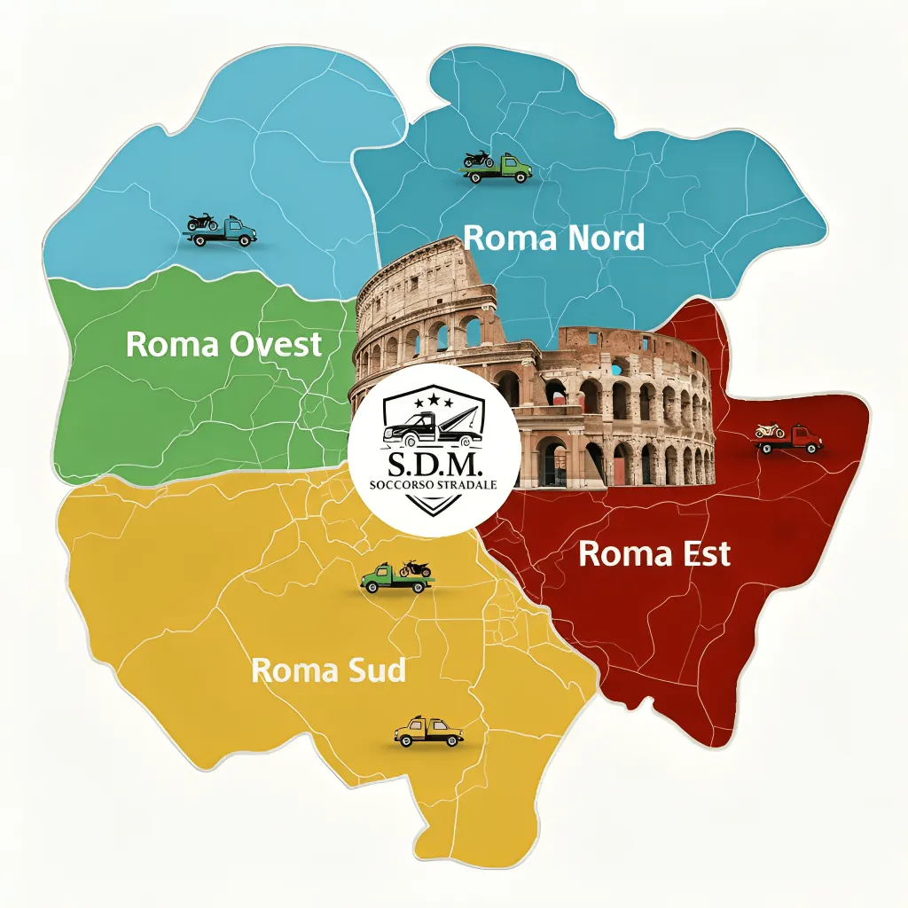 Mappa di copertura del servizio di soccorso stradale Roma con logo SDM.