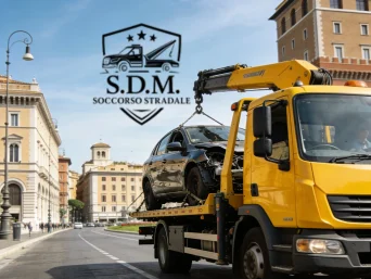 Un carroattrezzi giallo di SDM Car SRLS in servizio di soccorso stradale Roma prezzi convenienti.